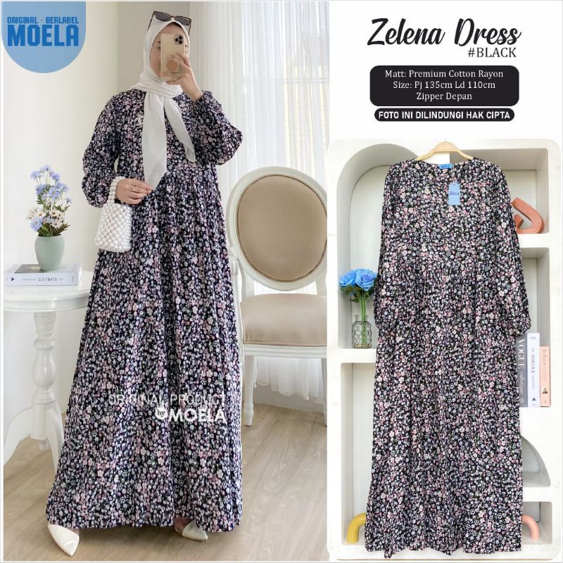 Zelena Yelan Bifia Jasmi Dress Gamis Original Ori Moela Berlabel Jumbo Allsize Busui Premium Catton Rayon-2