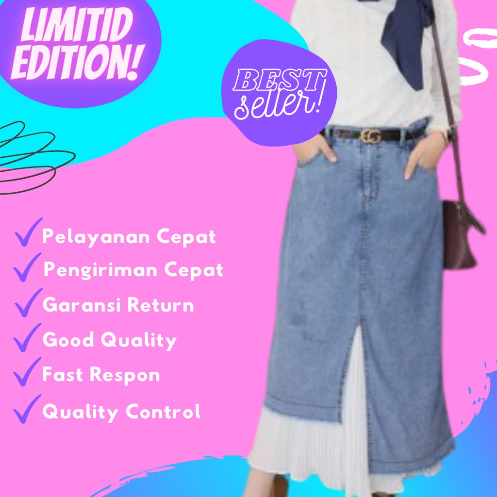 Rok Bawahan Span Jeans / Levis Kombinasi Plisket Wanita Korea Panjang Import Kekinian Premium 702