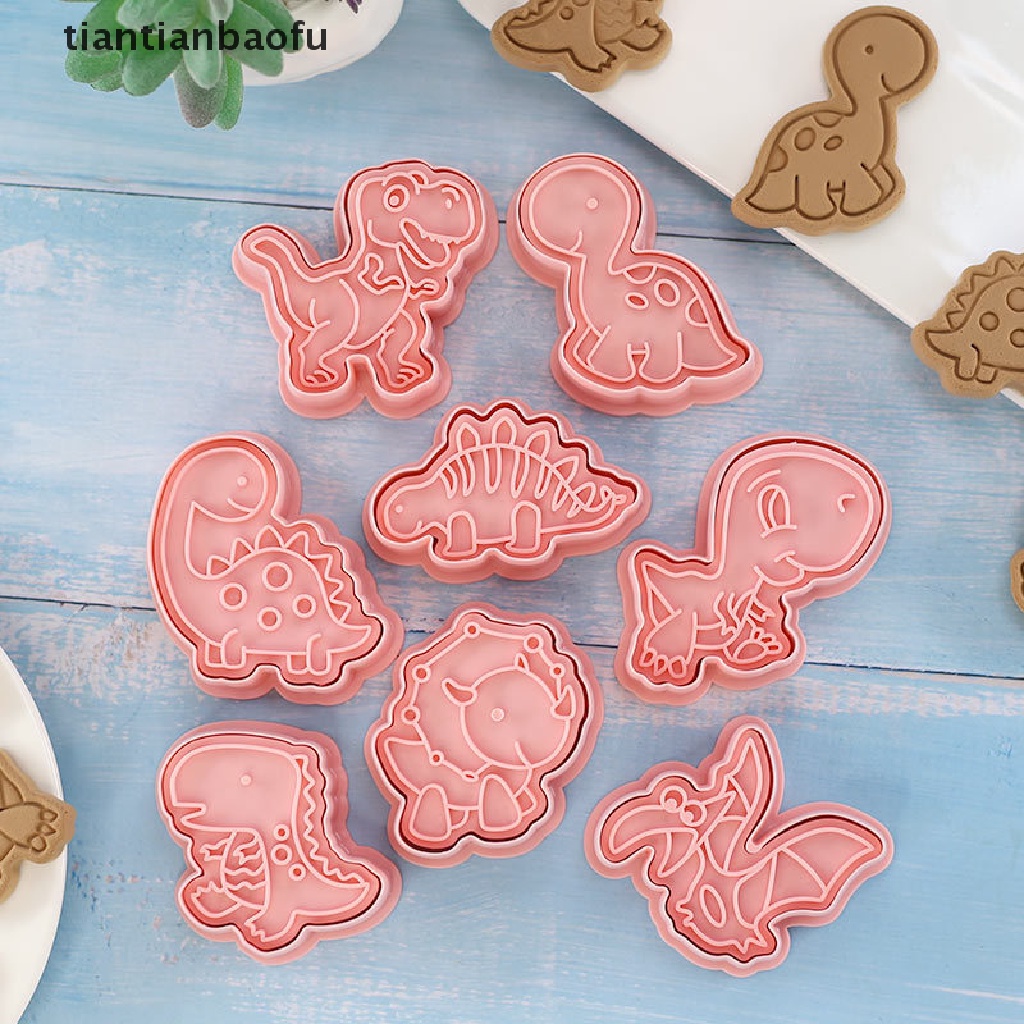 8pcs / set Cetakan Pemotong Biskuit Bentuk Kartun Dinosaurus 3D Bahan Plastik