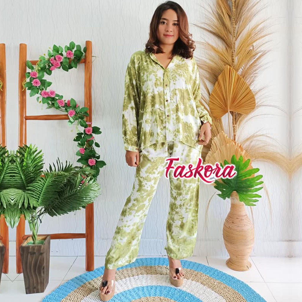 Setelan Tie dye Panjang Wanita Murah / One Set Tie dye Rayon Kekinian / Pajamas Katun Rayon STN07