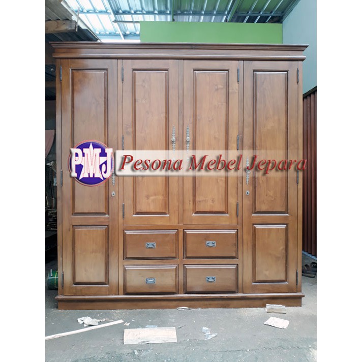 Wardrobe atau Lemari Pakaian Minimalis Pintu 4 Laci 4 Kayu Jati Perhutani atau TPK