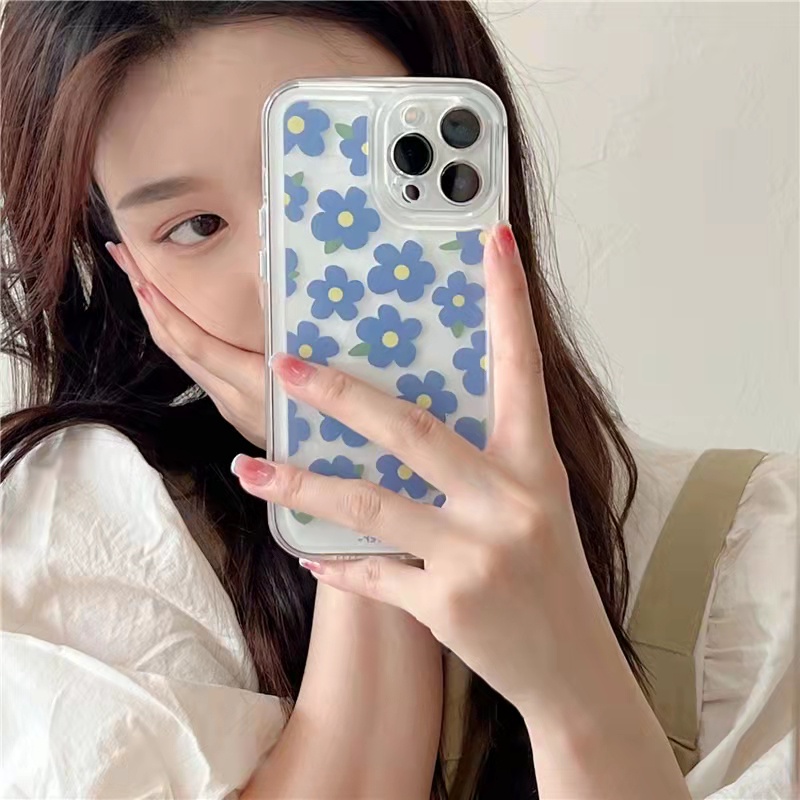 Case Bahan Akrilik Transparan Motif Bunga Biru Untuk iPhone 11 7Plus 8Plus Xr XS 13 12 Pro Max