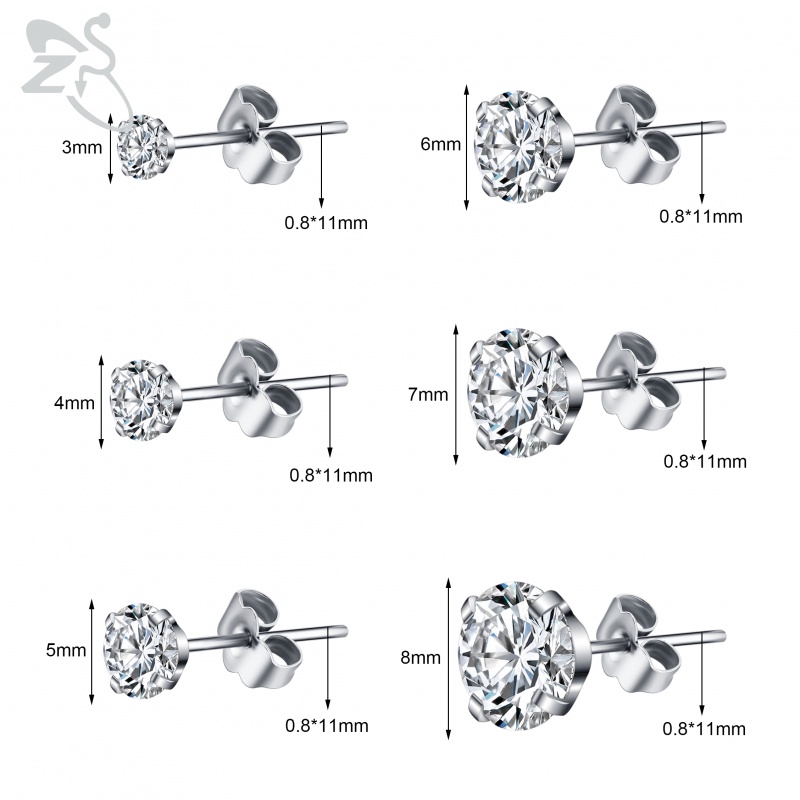 6 Pasang / Lot Anting Stud Helix Conch Zircon Shiny Bahan Stainless Steel 20g Ukuran 3-8mm