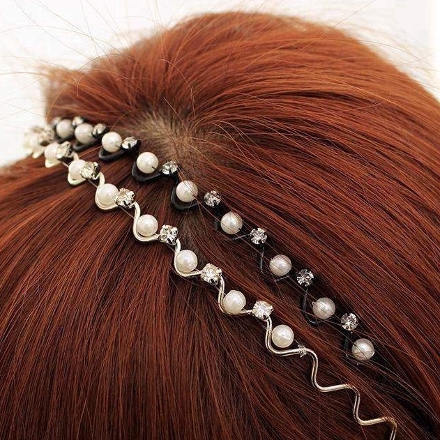 Bando Korea Mutiara Diamond Crystal Zircon Luxury Wave Korean Pearl Kristal Headband Hairband Headpiece Zigzag