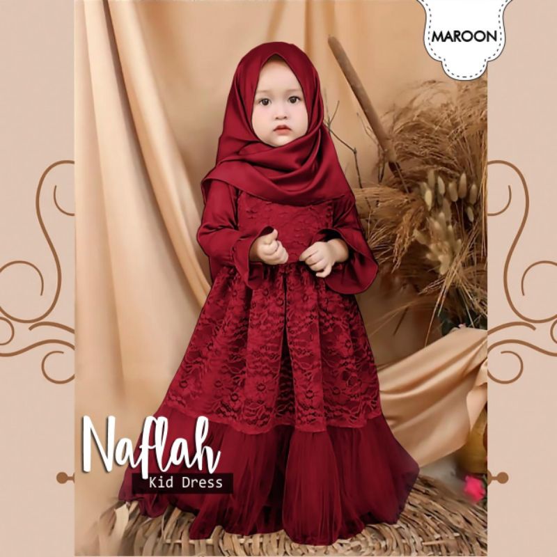 DRESS NAFLAH KID ANAK, SATIN, BRUKAT TILE, GAMIS HIJAB MUSLIM, DRESS MAXY