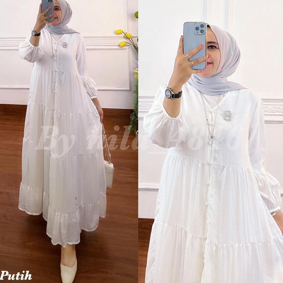 Gamis Midi Dress Premium Baju Dress Wanita Muslim Long Dress Jumbo XL, XXL, XXXL Dress Putih Mini Dr