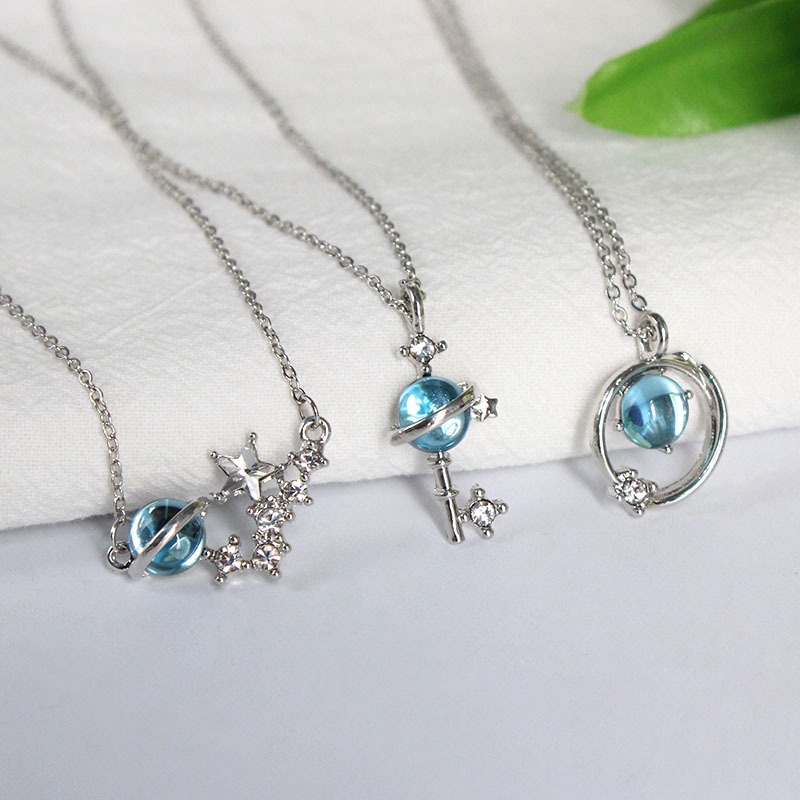 Kalung Wanita Fashion Chain x Necklace Blue Crystal Planet Sapphire Clavicle Pendant Necklace Fashion Perhiasan L09