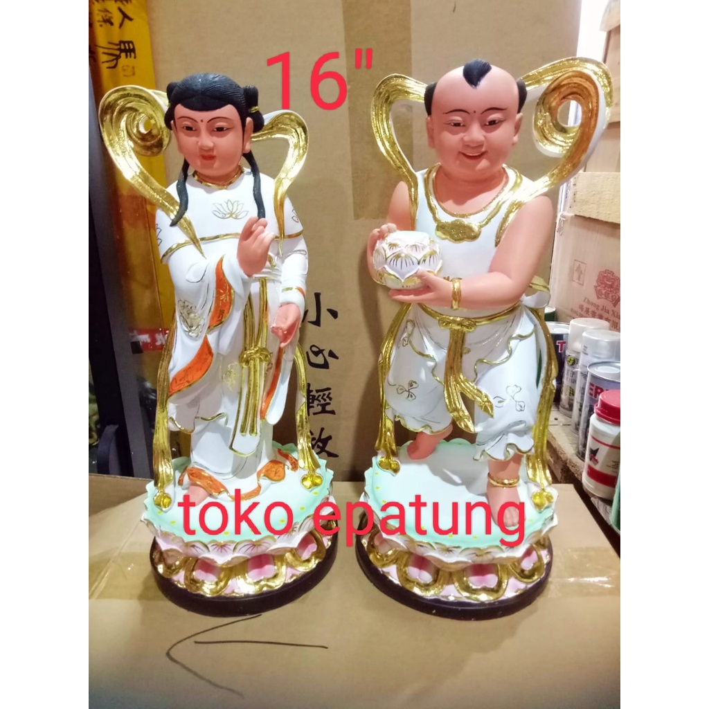 patung pengapit kwan im / kwan in / guan yin / naga - 16 inch - fiber
