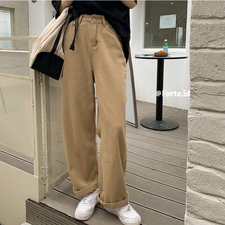 Celana Jeans Khaki Wanita Loose High Waist Korean Style Celana Panjang Jeans Boyfriend