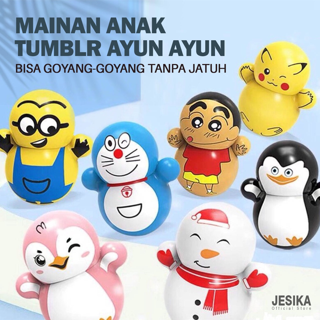 Mainan tumbler berayun aman untuk bayi anak laki perempuan ekspresi lucu goyang karakter doramenon pikachu penguin skipper snowman minion squid game kotak lingkaran segitiga