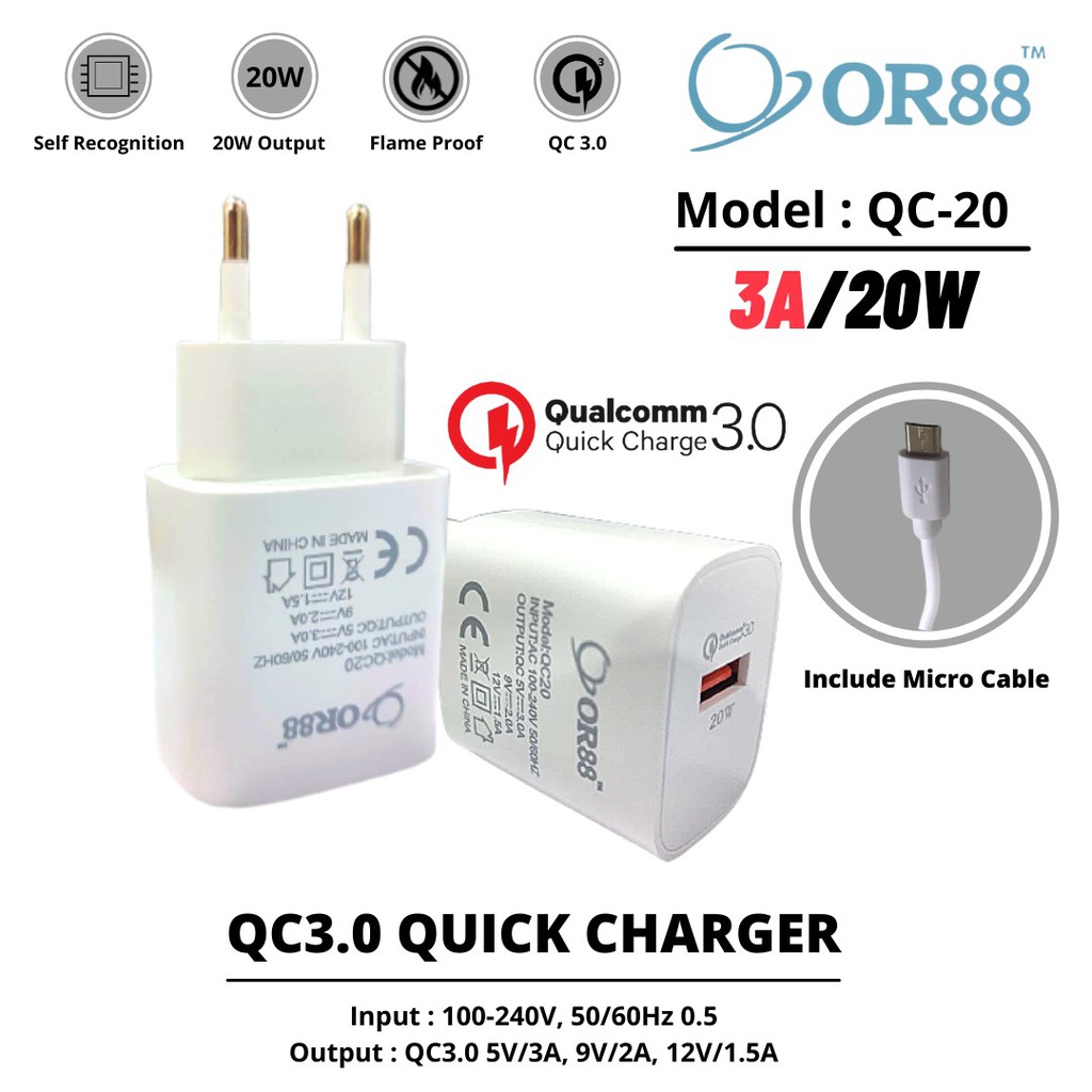 CHARGER CASAN BATOK FAST CHARGING OR88 ORIGINAL TYPE MICRO USB OR-QC3.0