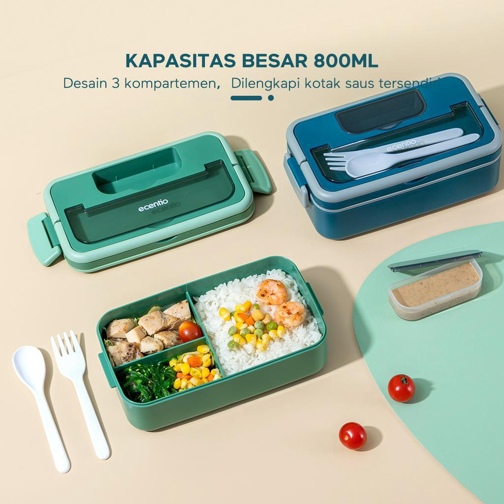 ecentio tempat makan 3 Grid lunch box set anti tumpah kotak makan plastik kotak makanan kotak bekal