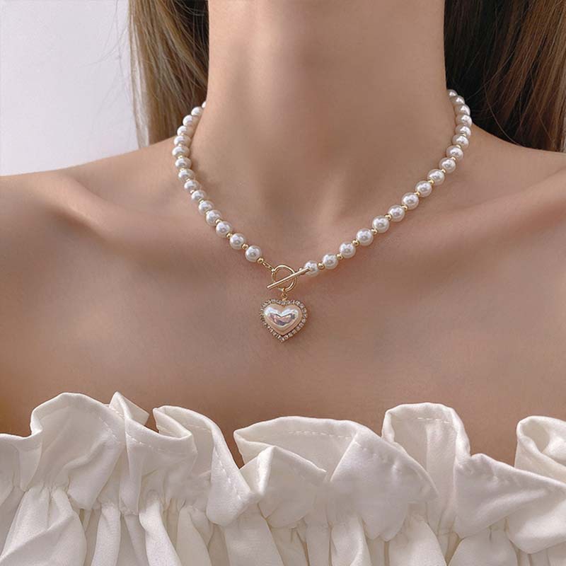 Kalung Rantai Dengan Liontin Hati Aksen Mutiara Untuk Wanita