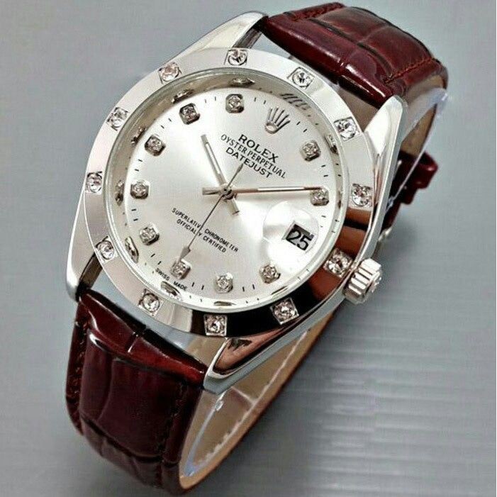 ROLEX date just/#jam tangan wanita tali kulit brown