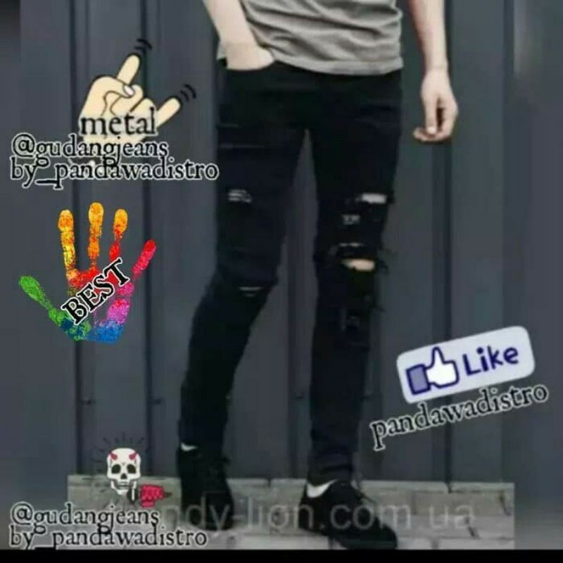 CELANA JEANS SOBEK PRIA HITAM SLIMFIT STRETCH PENSIL PREMIUM RIPPED JINS PANJANG ROBEK