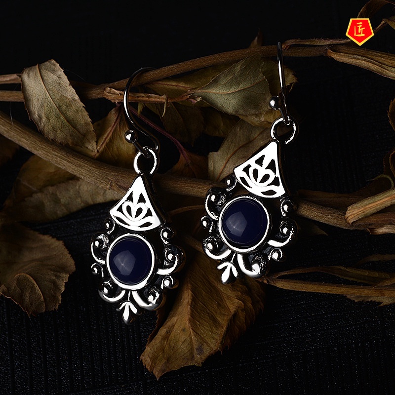 [Ready Stock]New Inlaid Sapphire Flower Earrings Retro S925 Silver