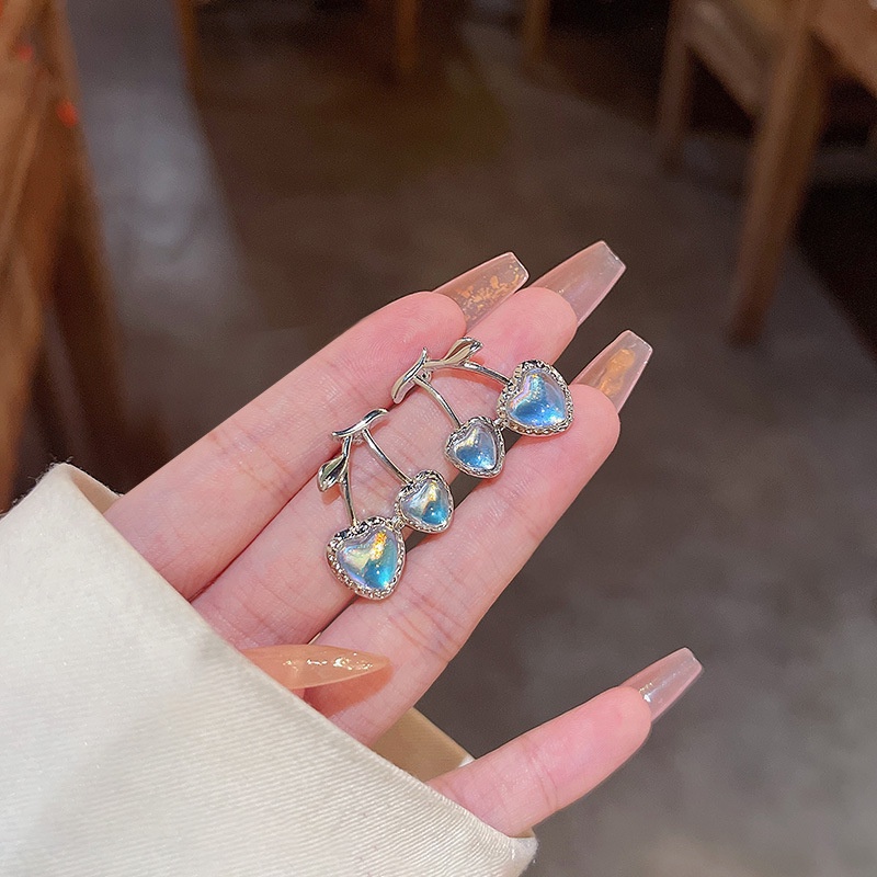 Anting Stud Desain Cherry Moonstone Bahan 925 silver needle Untuk Anak Perempuan