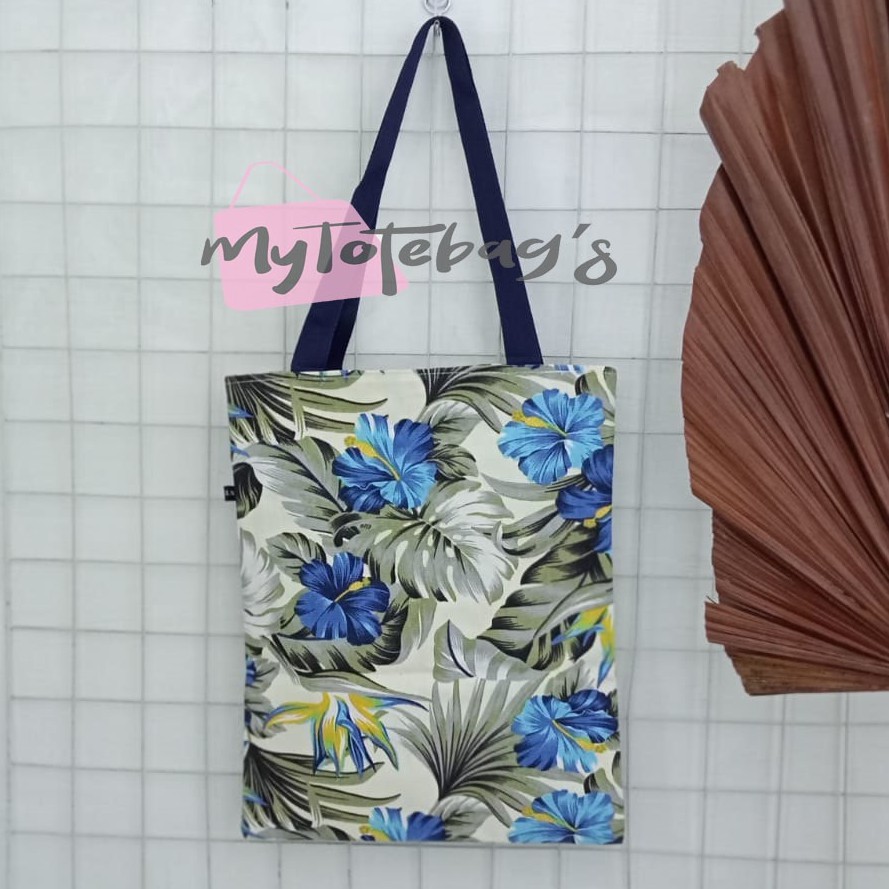 MyTotebag's - (COD) Tote bag Kanvas Tebal Motif Daun Tropical Biru