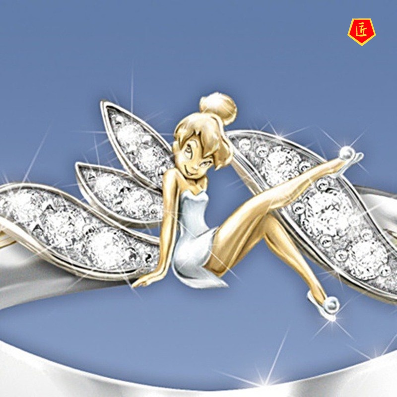 [Ready Stock]Golden Angel Silver Ring Women's Diamond-Embedded Cute