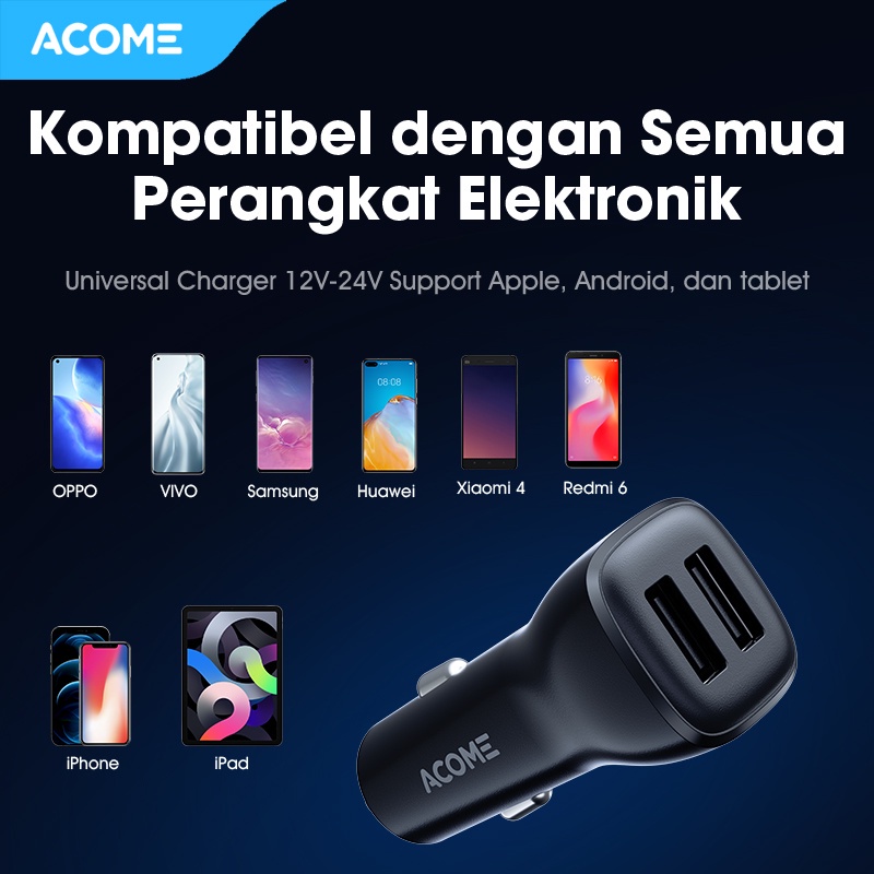 Acome Car Charger 2 Port Fast Charging 2.4A LED Display Garansi Resmi 1 tahun - ACC05