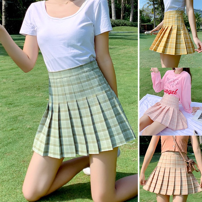 Korean Mini Skirt Preppy Plaid Rok Lipit Motif Kotak Kotak 2134 (S-XXL)