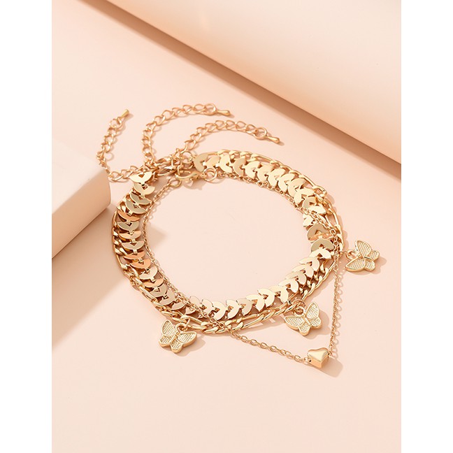 LRC Gelang Fashion Gold Color En Butterfly Love Leaf Alloy Multilayer Anklet K91779