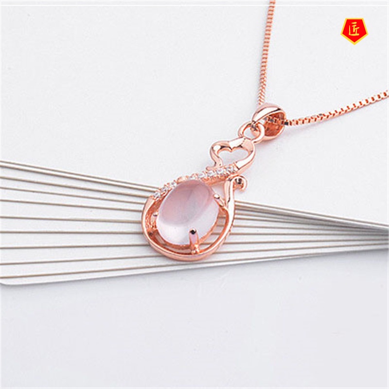 [Ready Stock]Korean Necklace Ross Quartz Pink Crystal Fashion Heart-Shaped Women's Pendant