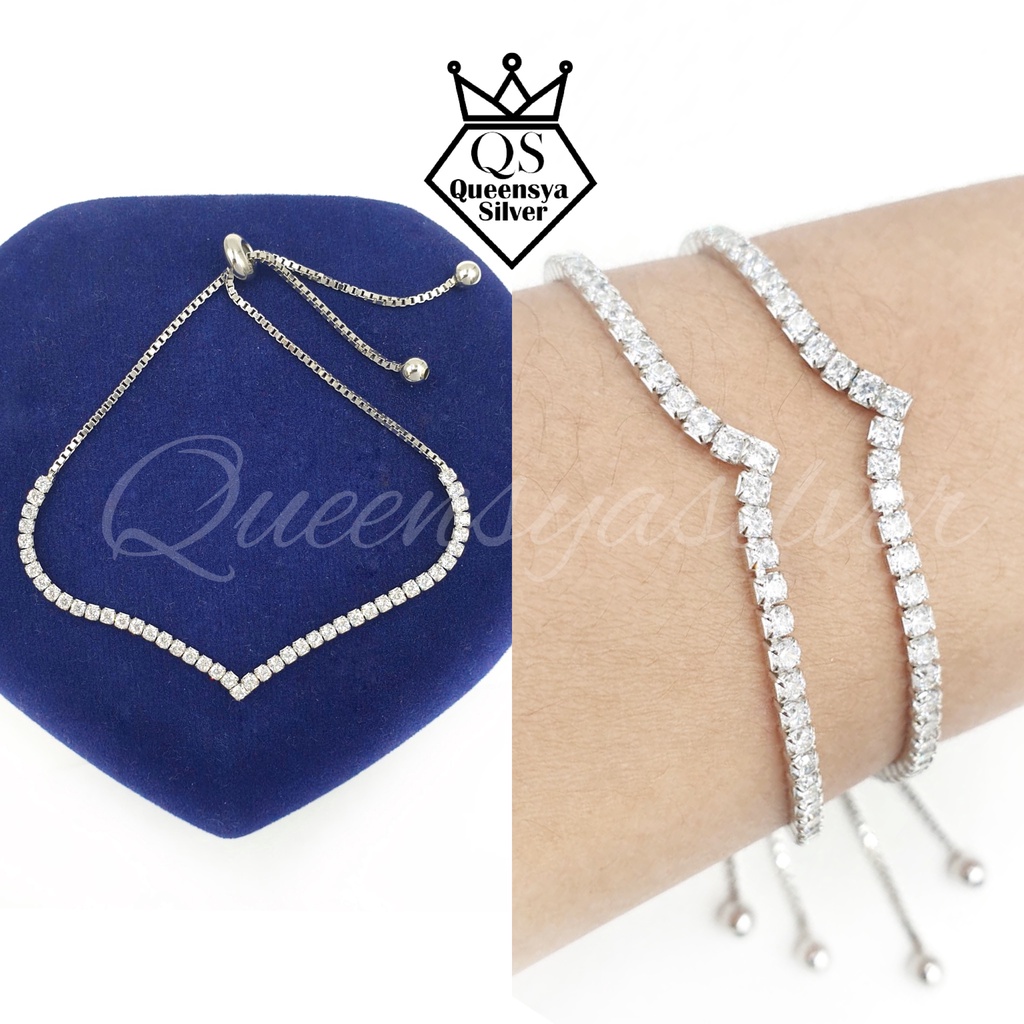 Gelang Serut Perak V AURELL Asli Silver 925 || Lapis Emas Putih || Queensya Silver