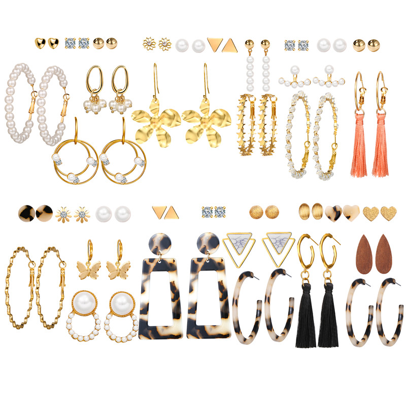 YEEZII 20Types Bohemia Anting Emas Set Anting Korea Fashion Rumbai Retro Geometris Hollow Mutiara Kupu-kupu Wanita Perhiasan Aksesoris