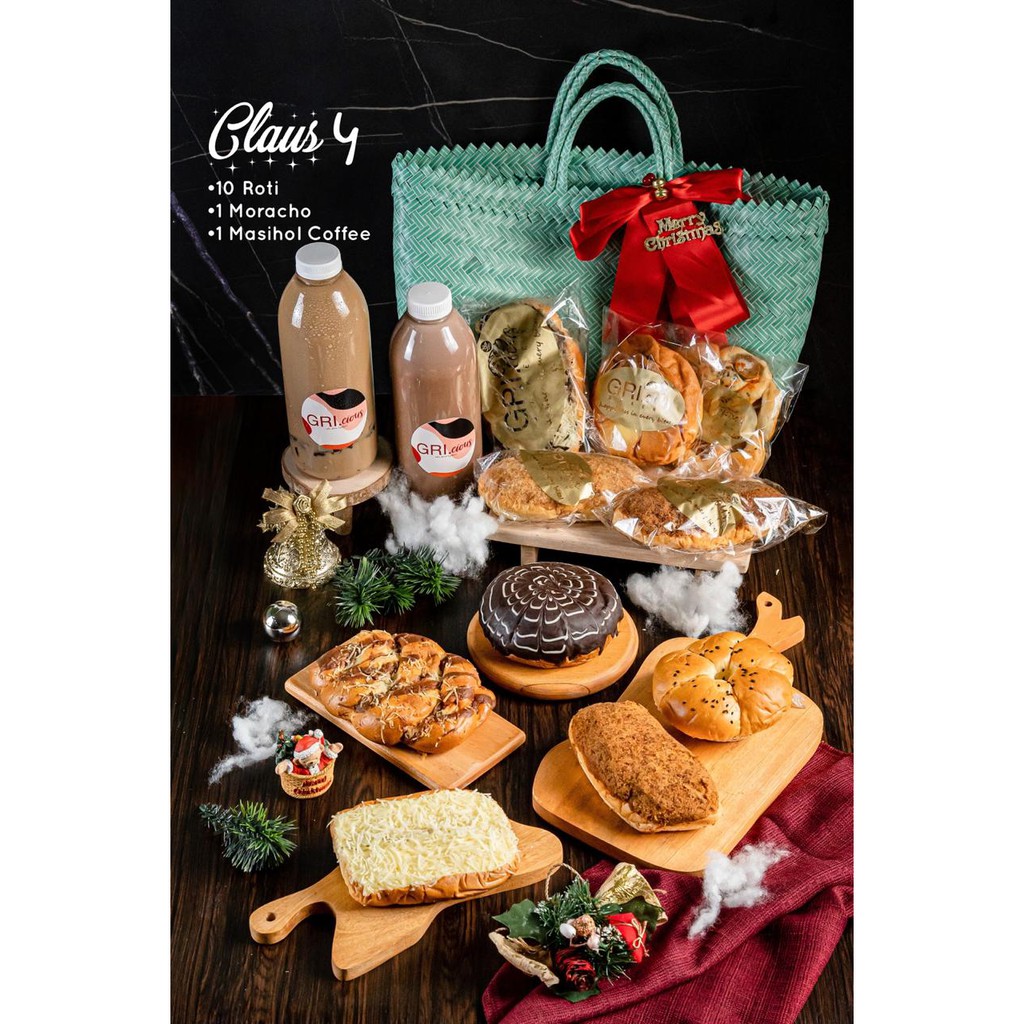 

Hampers Natal - Gricious Bakery - Claus 4 - Isi 10 Roti + 1L Minuman Kopi + 1L Minuman Coklat