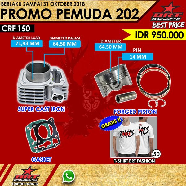 Solusi Paket Bore Up BRT 64.50mm Cast Iron Honda CRF 150 Terjangkau