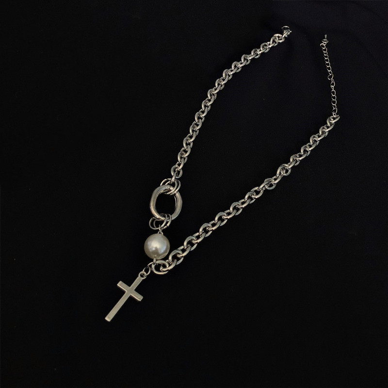 Vintage Pearl Lock Chains Necklace Geometric Cross Pendant Necklaces for Women Punk Jewelry