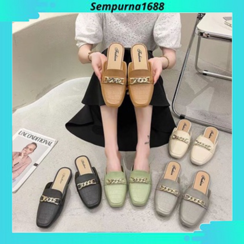 Sandal Slop Rantai Flat Shoes Wanita Import Sempurna1688