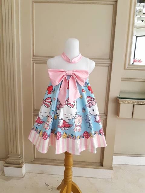 81098 HELLO KITTY RIBBON RED PINK BLUE / DRESS HELLOKITTY ANAK /GAUN PESTA ULANG TAHUN IMPORT KOREA