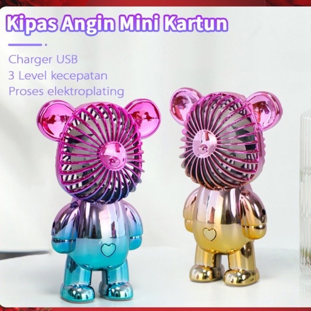 Kipas Angin Mini Portable Karakter Bearbrick Meja USB Cas 3 Pengaturan Kecepatan Bentuk Beruang Alas Anti Selip Bagian Bawah