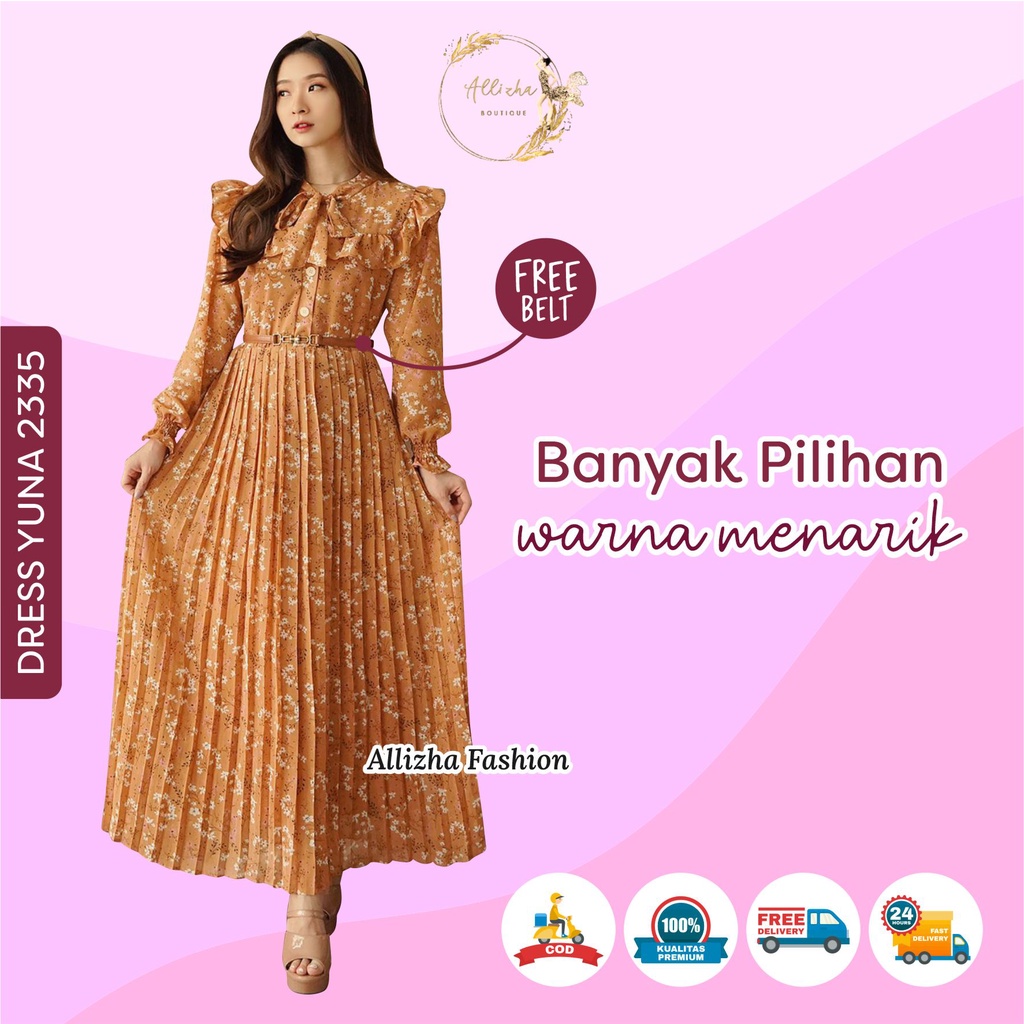 Dress Yuna 2335  Gamis Plisket Free Belt Baju Muslim Wanita Busui Friendly Bahan Premium By Allizha 