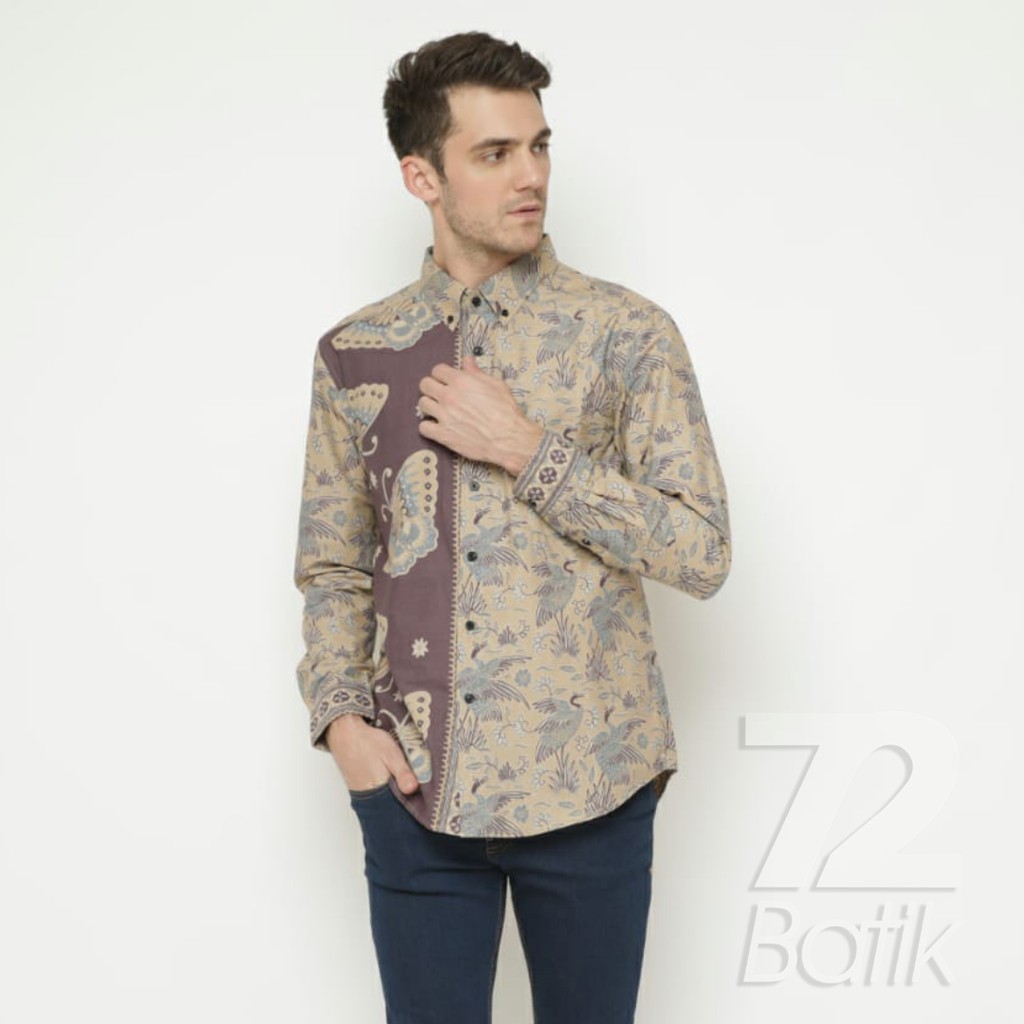 KEMEJA BATIK PRIA Lengan Panjang Premium Bangau Two Tone Pagi Sore Cream Putih Tulang 725903 Cap 72 - Baju Kemeja Atasan Pakaian Setelan Batik Pria Cowok Laki Laki Remaja Keluarga Kantor Lengan Panjang Modern Slimfit Slim Fit Premium Kekinian