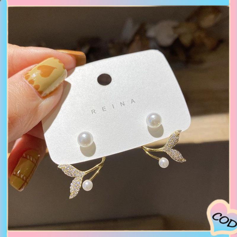 COD❤️ Anting 925 Perak Jarum Ikan Korea Ekor Mutiara 2021 Baru Trendi Elegan