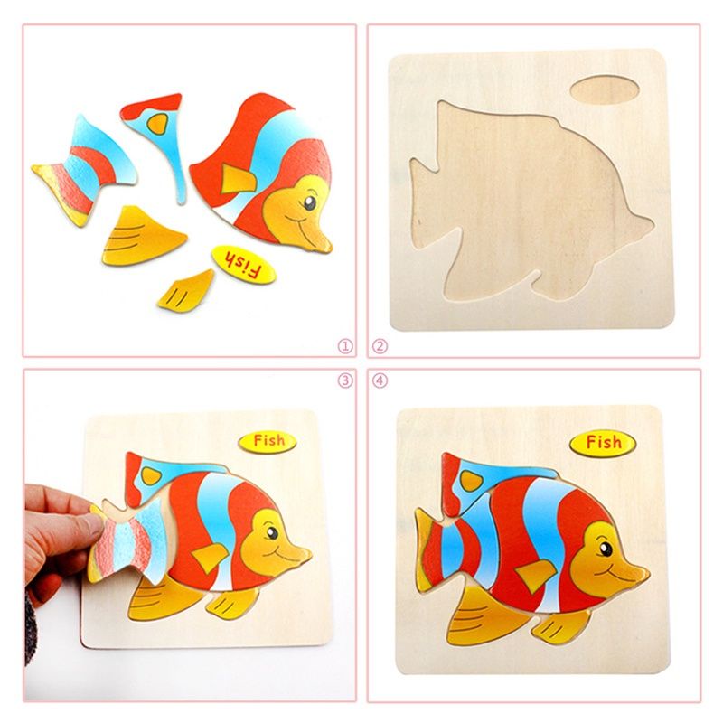 Mainan puzzle kayu anak 3D gambar animal