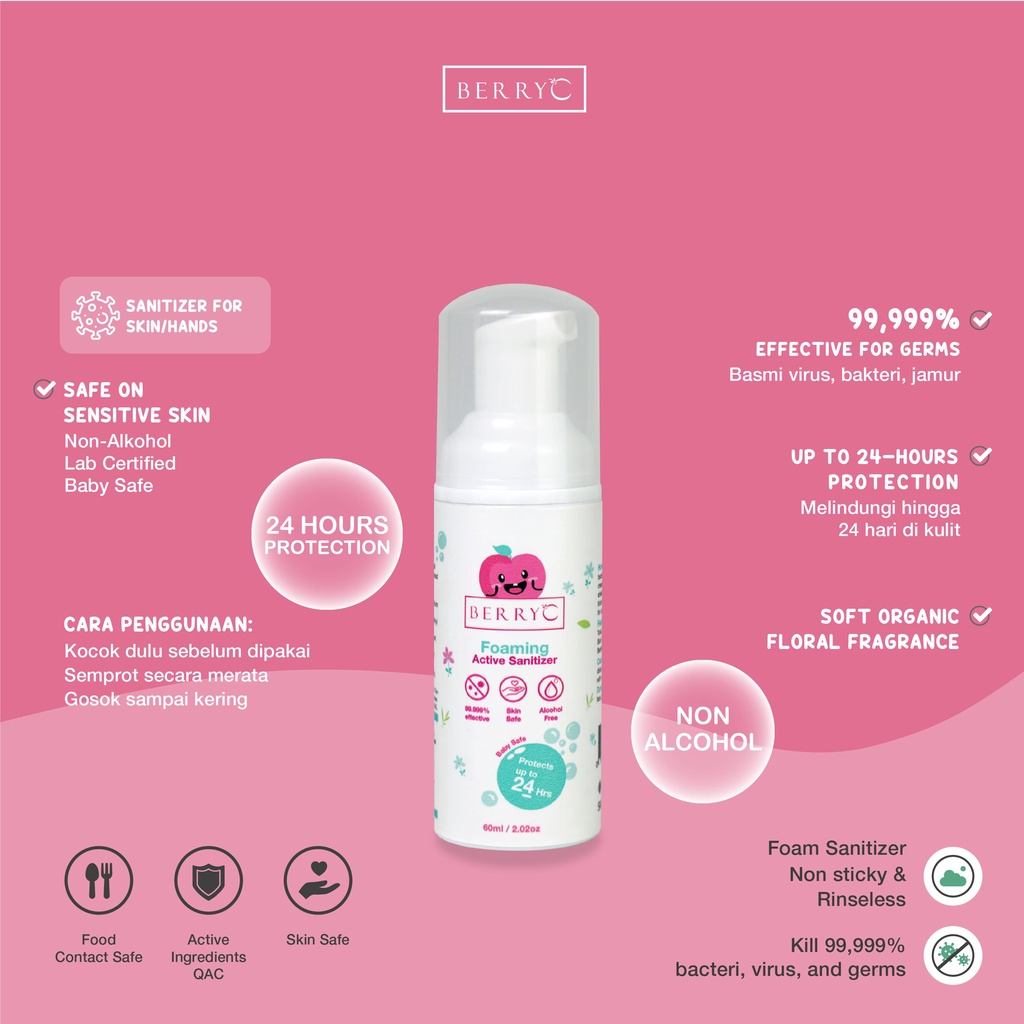 BerryC Active Sanitizer Foam 60ml Natural Food Grade Hand Antiseptik Non Alcohol Alkohol Aman untuk Bayi Lembut Sensitif Kulit Rinseless Soap Sabun Tanpa Bilas Travel Size Mudah Favorit Anak Efektif COVID19 HFMD Flu SIngapore Singapura Impor Perlindungan