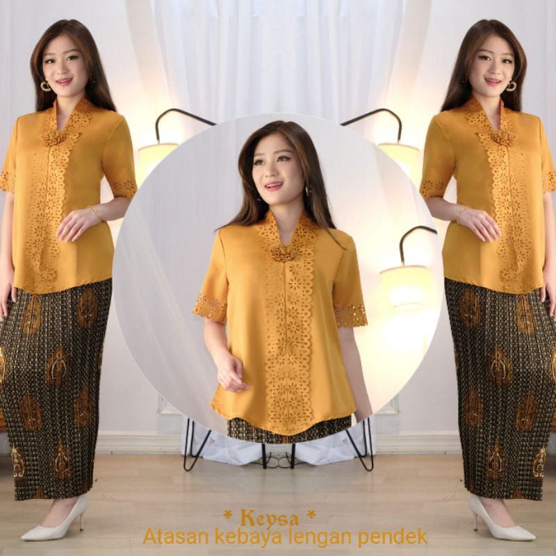 Atasan Tradisional Nusantara Blouse Kebaya Encim Floy Motif Laser Lengan Pendek