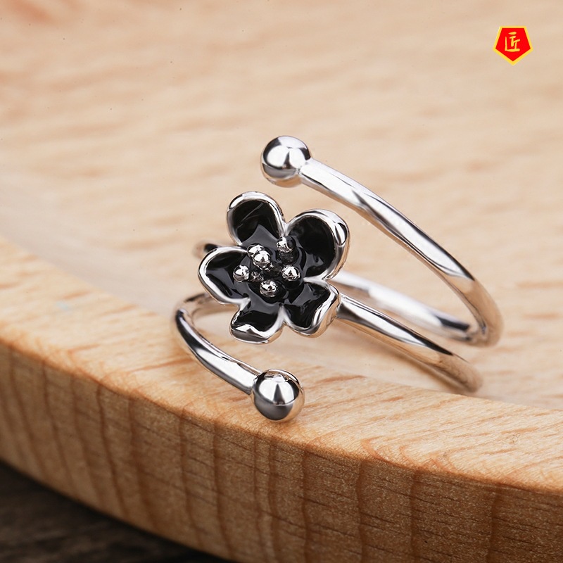 [Ready Stock]Original S925 Silver Black Flower Ring Creative Simple