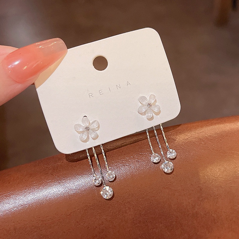 Anting Tusuk Gantung Panjang silver 925 Desain Bunga Hias Kristal Untuk Wanita