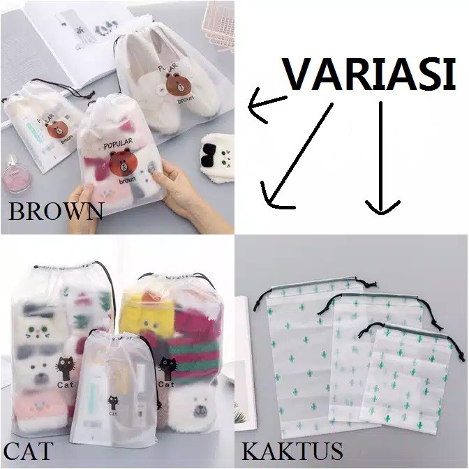 {HM} COD Travel Pouch Serut Organizer Serbaguna Tas Makeup Kosmetik Motif Transparan Anti Air  terba