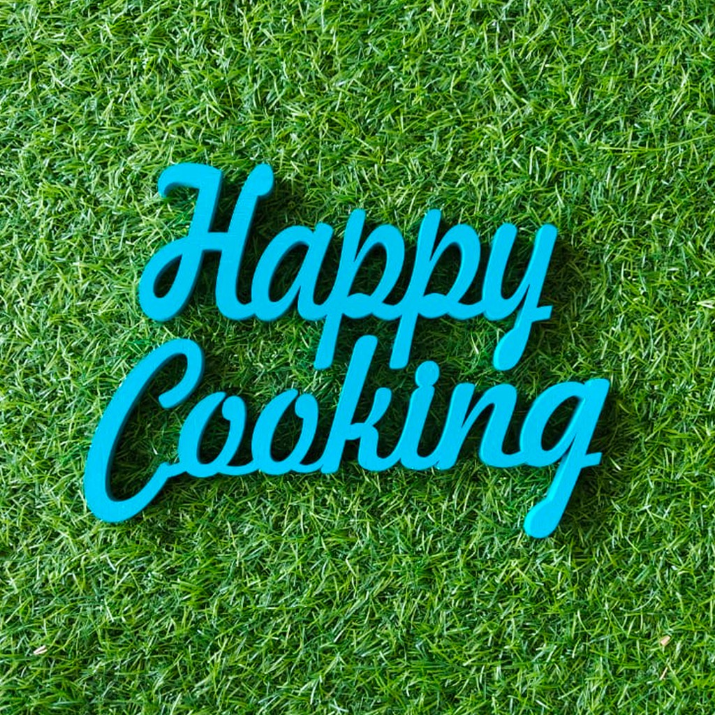 Hiasan dinding dapur huruf happy cooking kayu laser cutting