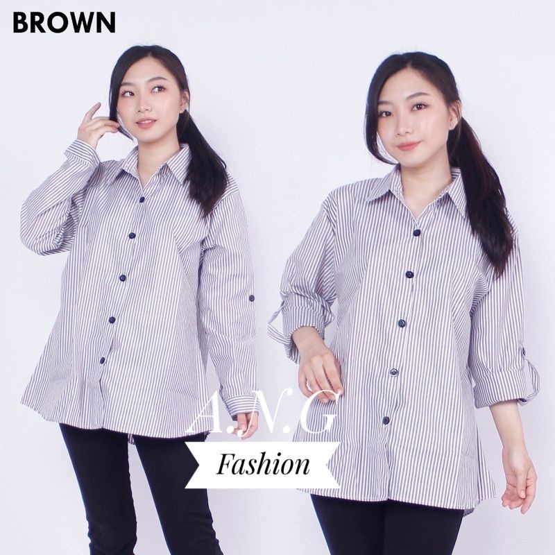Kemeja Wanita Basic Trendy Lengan Panjang Salur Premium/ Atasan Wanita-4