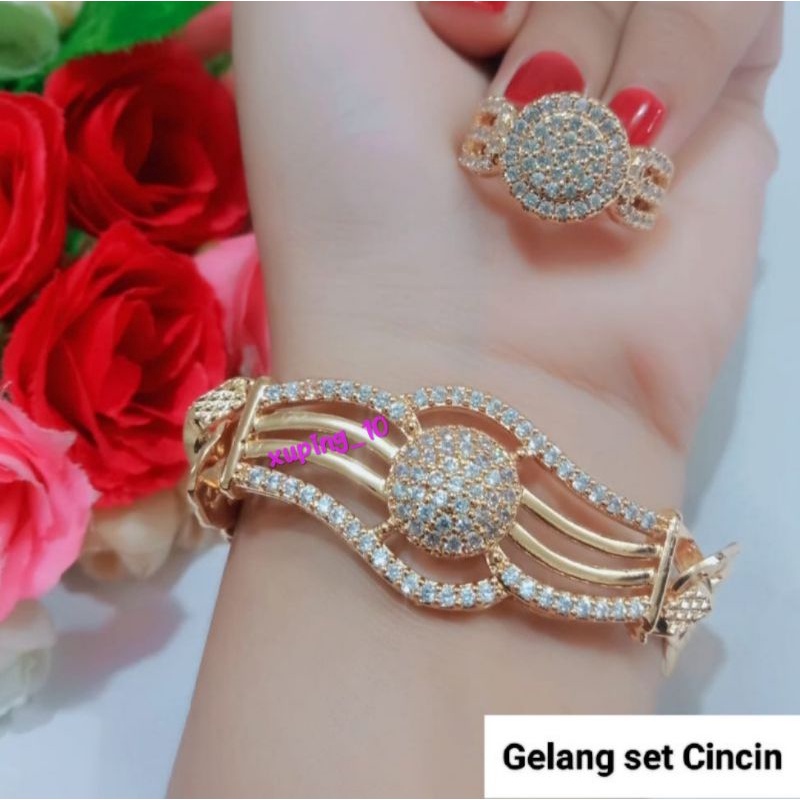 Gelang tangan set cincin xuping lapis emas permata zircon GC0122