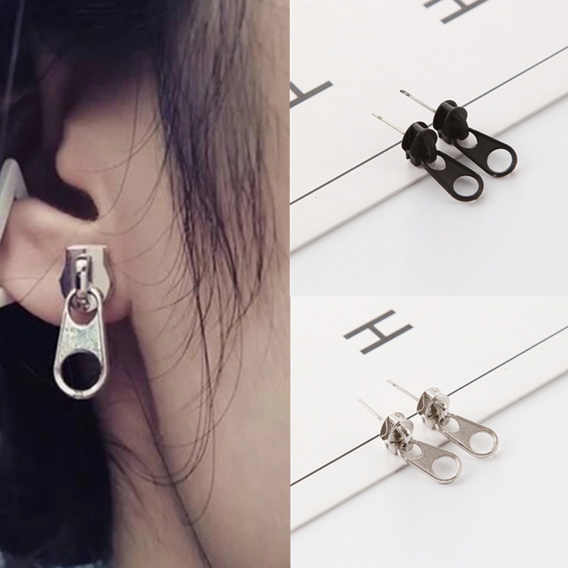 Anting Stud Bentuk Resleting Bahan Metal Alloy Gaya Vintage Punk Untuk Pria Dan Wanita