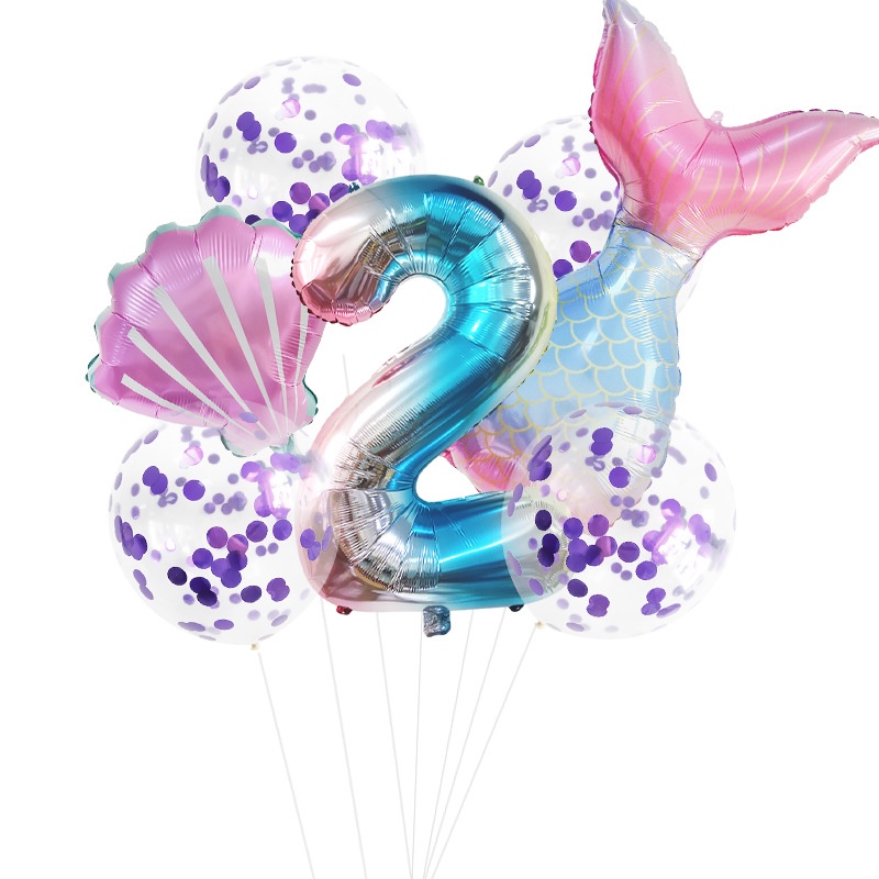 7pcs / Set Balon Foil Angka Bentuk Ekor Mermaid Untuk Dekorasi Pesta Ulang Tahun / Baby Shower