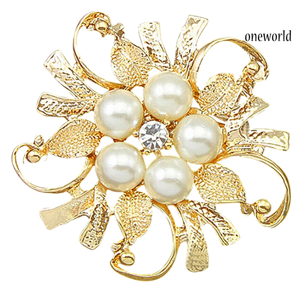 OW@ Women Breastpin Elegant No Deformation Flower Rhinestone Faux Pearl Brooch Pin for Party Dating